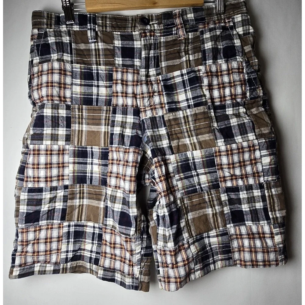 Sonoma Life + Style Casual Shorts Mens Size 34 Blue Brown Patch Plaid Pockets